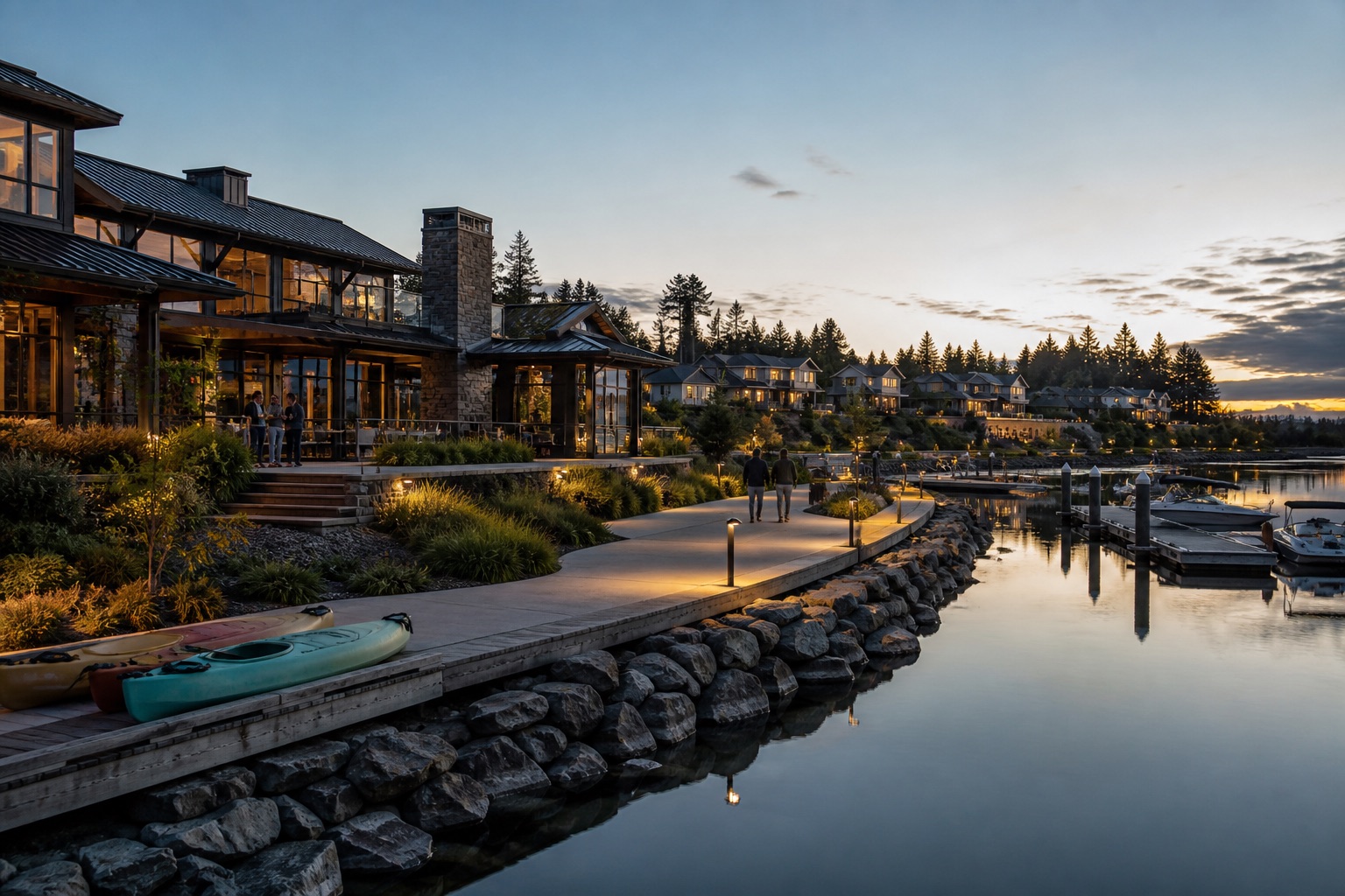 A waterfront community clubhouse, promenade, marina, and homes at sunset